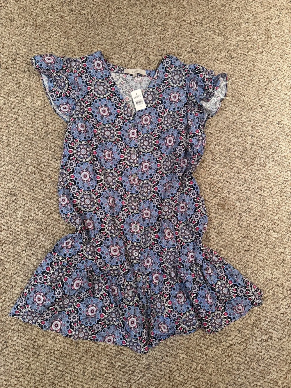 LOFT Blue Floral Medallion Mini Dress with Pink Highlights - Picture 1 of 9